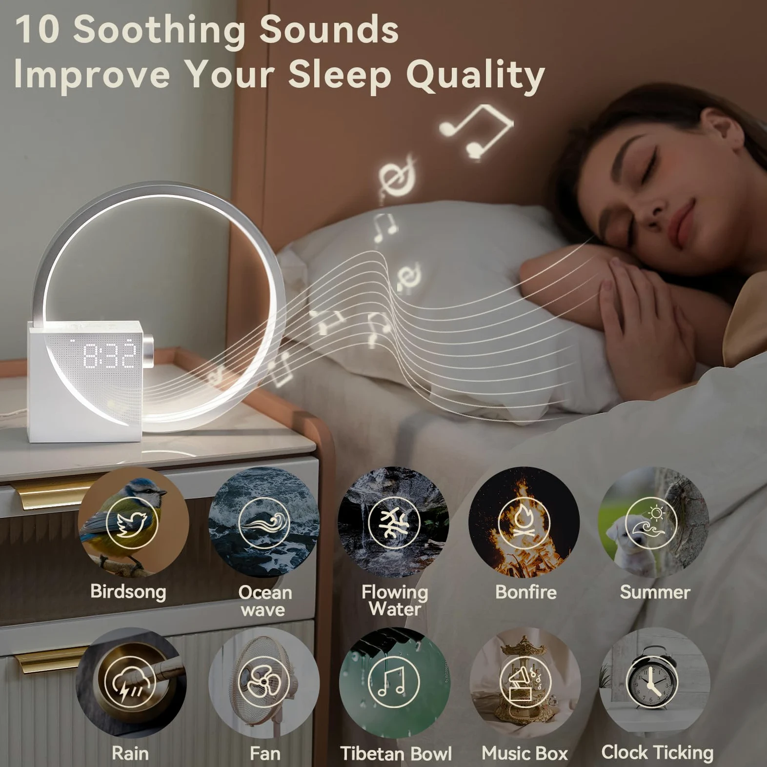 Vivilumens - Reloj despertador digital Sunrise, máquina de sonido de ruido blanco, temporizador de ayuda para dormir con puerto USB, visualización de relojes digitales regulables, repetición, 10 tonos