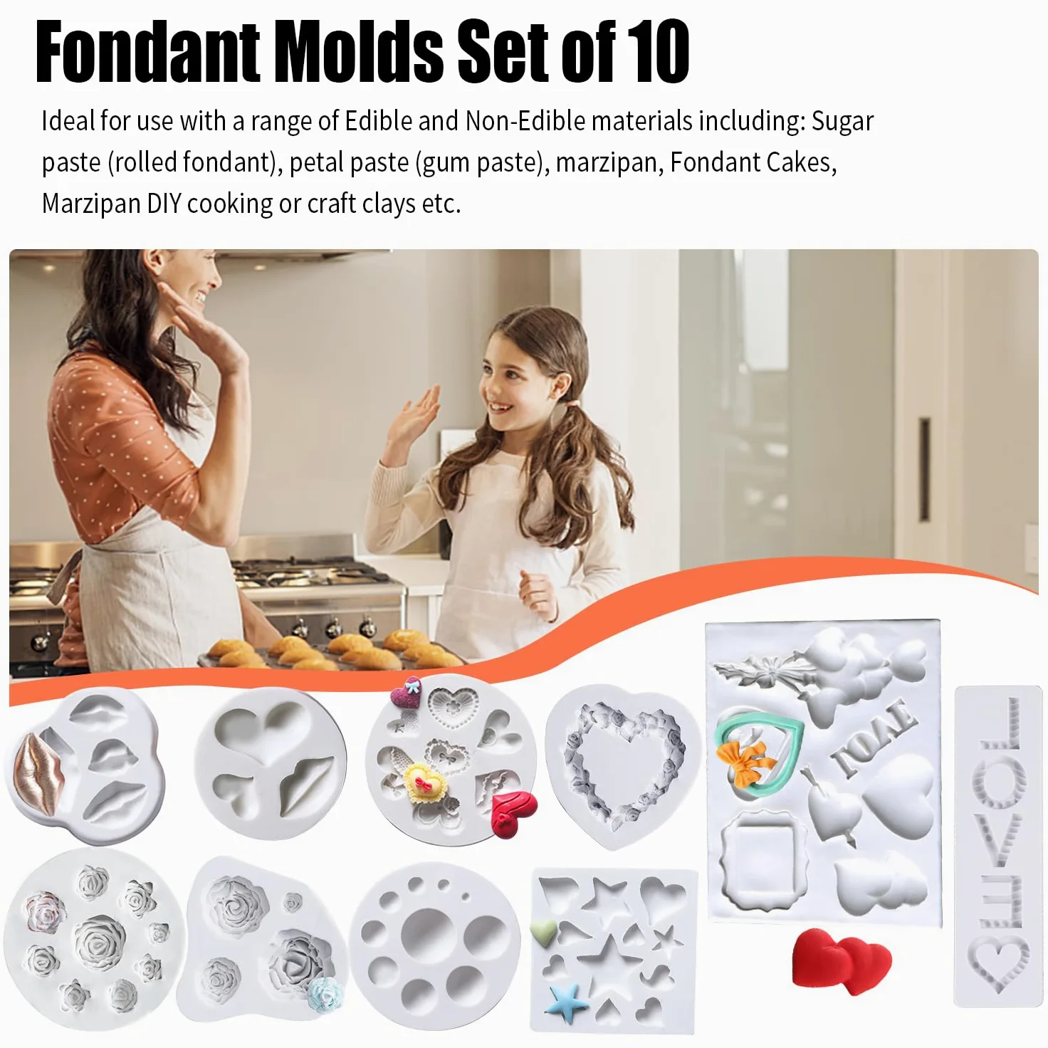 Juego de 10 moldes de silicona para fondant para el día de San Valentín, con forma de corazón, para labios, letras de amor, moldes de chocolate rosa para hornear, cupcakes, dulces, jabón