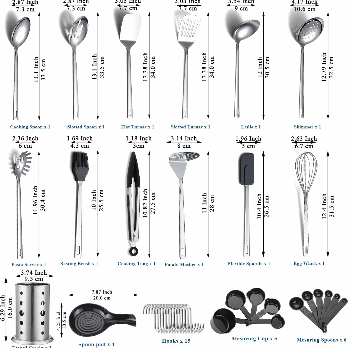 Juego de utensilios de cocina de acero inoxidable 40 piezas con soporte para utensilios, utensilios de cocina elementos esenciales, juego de espátula de metal
