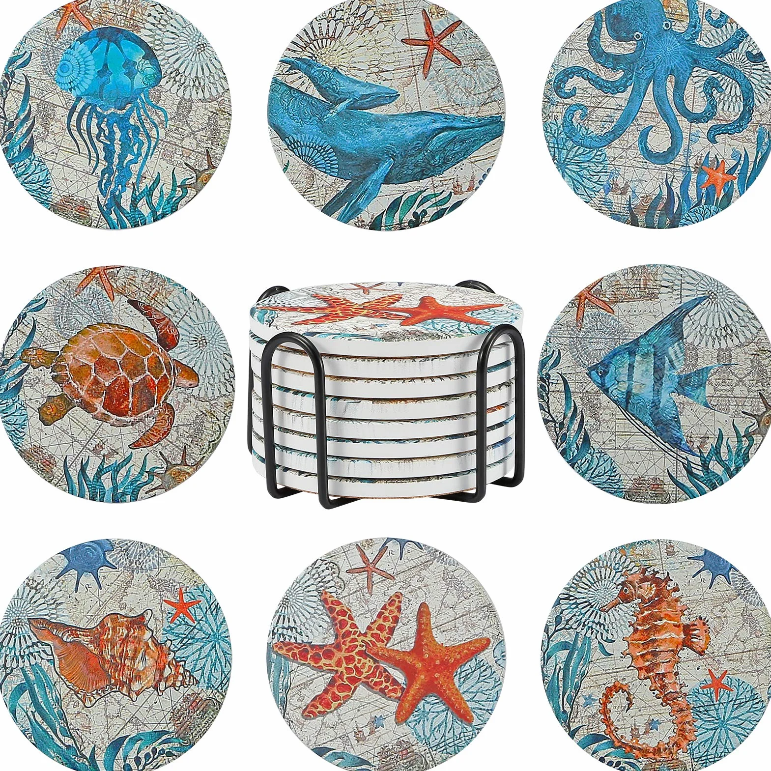 8 Posavasos de Piedra con Soporte para Bebidas, Base de Corcho, Tema Tropical de Playa, para inauguración de la casa, apartamento, Cocina, habitación, Bar, cumpleaños, Mesa de Madera