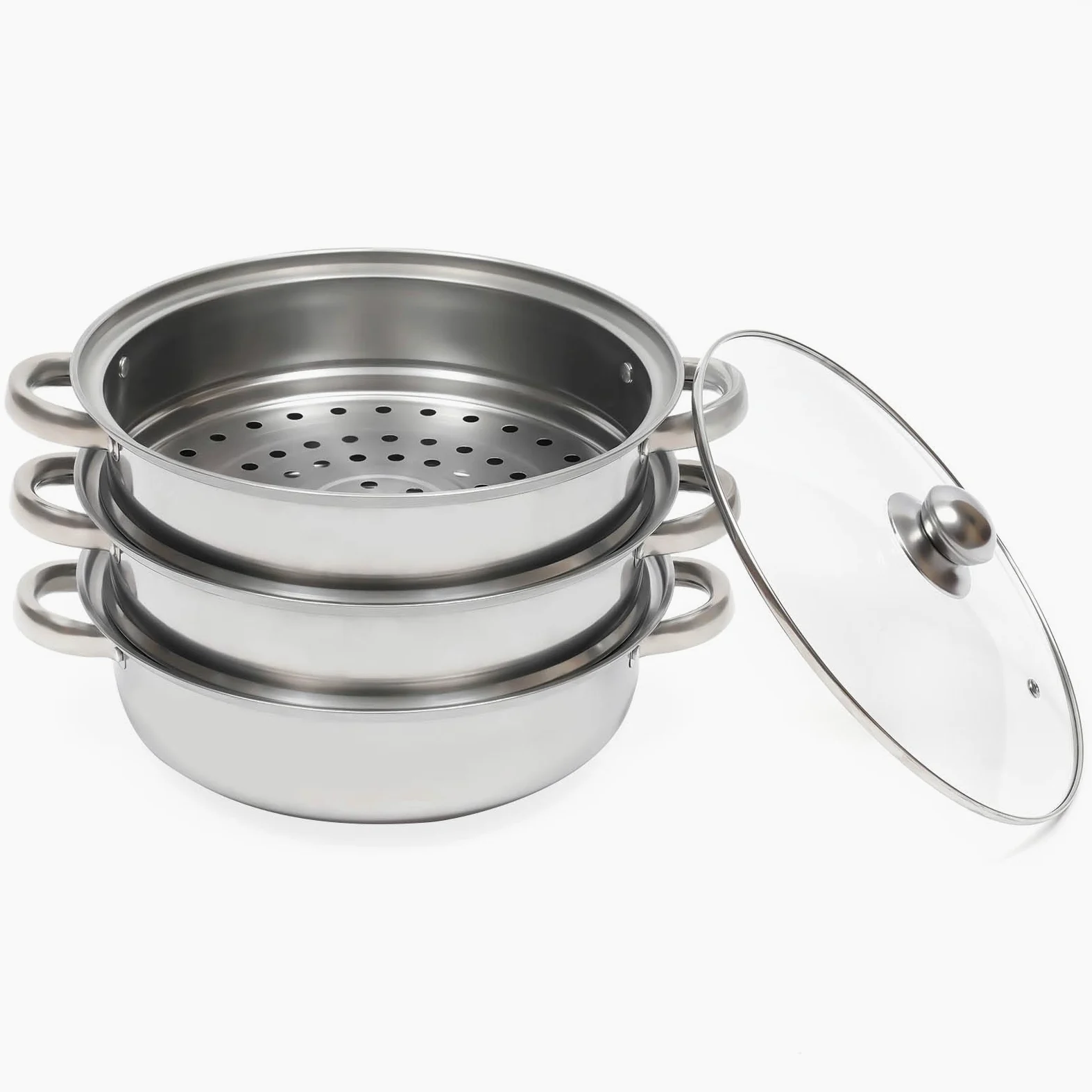 Vaporera de 3 Niveles de Acero Inoxidable, Diámetro de 28cm, Plata