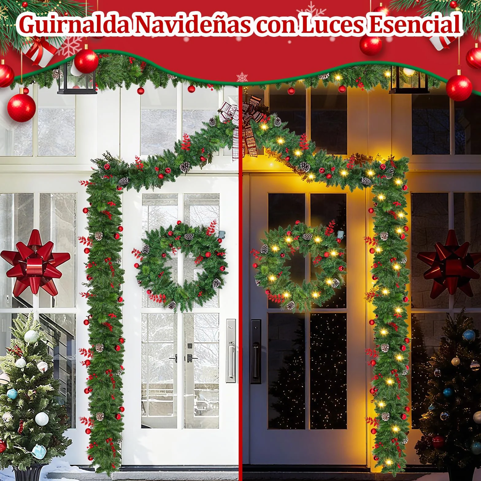 Guirnalda Navideña Artificial Premium 270cm, Guirnalda Navidad con Luces con Temporizador, Decoración Navidad Duradera para Chimeneas, Ventanas, Escaleras, Arco y Fiestas