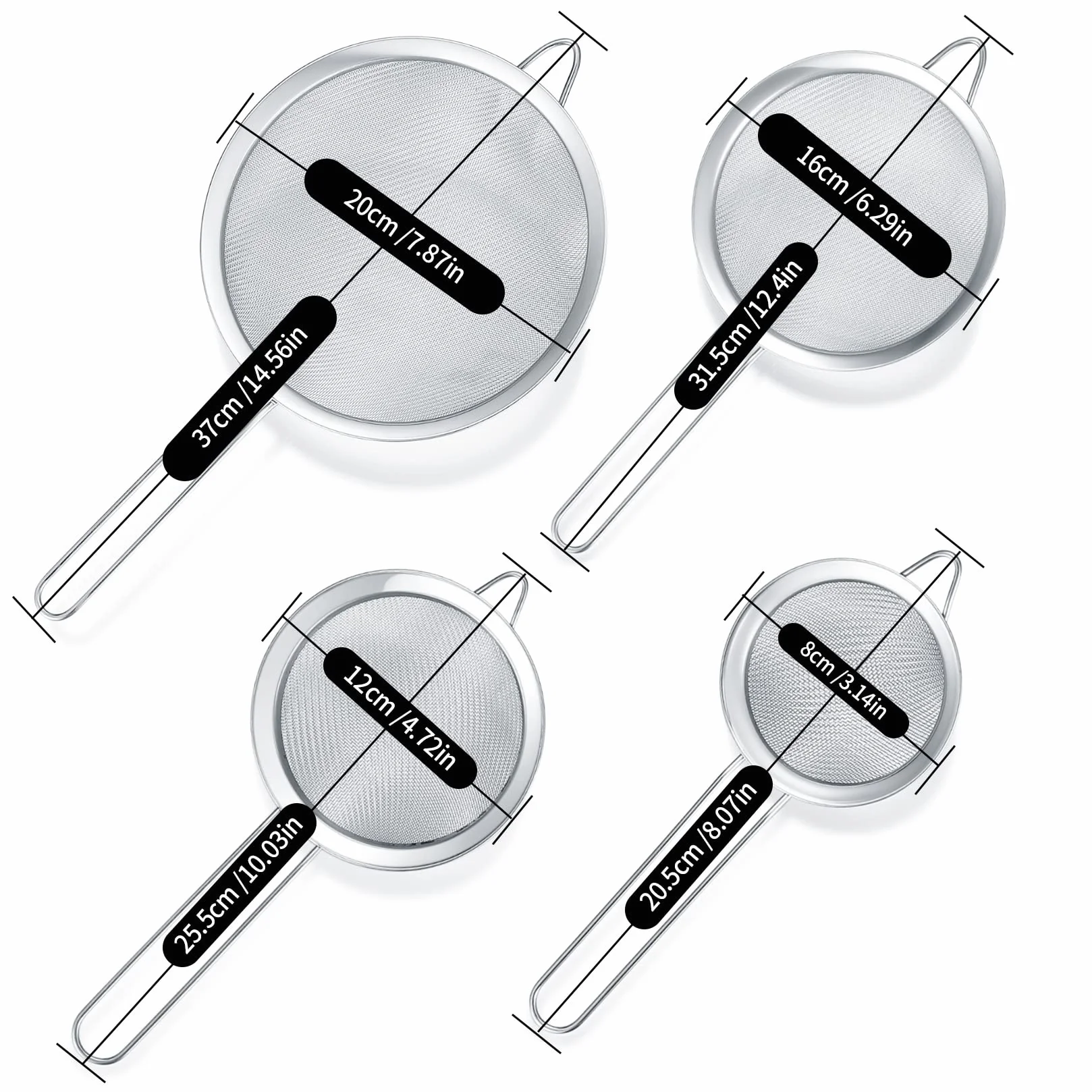 4 Piezas Coladores de Malla de Cocina Acero Inoxidable, Colador Acero Malla Fina con Mango para Té, Pasta, Arroz, Frutas, Verduras, Alimentos, Harina (Modelo A)