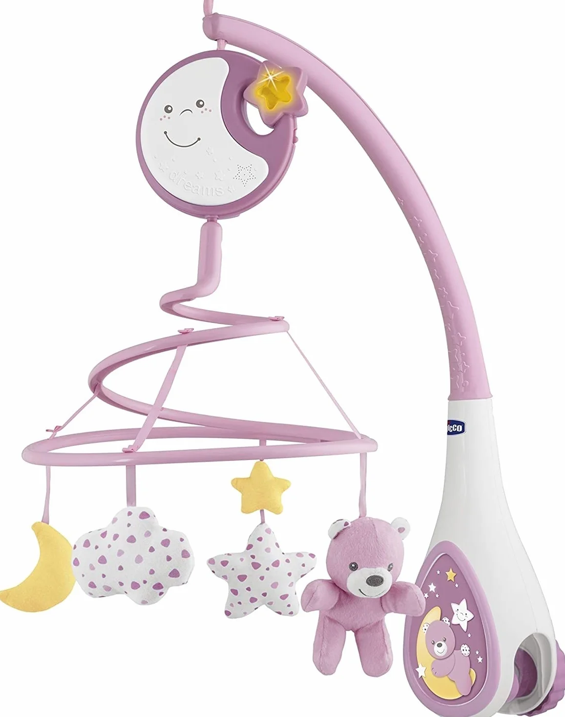 Chicco Next2Dreams Carrusel Móvil Bebé con Luces y Música - 3 en 1 Compatible con la Cuna Next2Me o Minicunas Colecho, Efectos de Sonido, Proyector de Luz Nocturna y Música Clásica 0+ Meses, Rosa