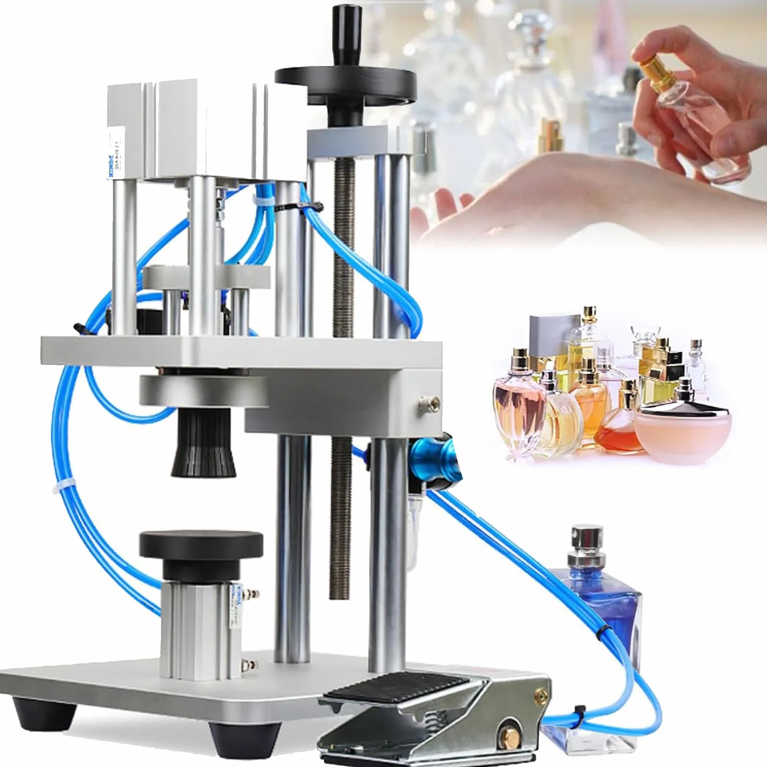 Máquina taponadora de perfumes, herramienta profesional de crimpado, construcción de acero inoxidable, altura ajustable para un sellado eficiente de botellas