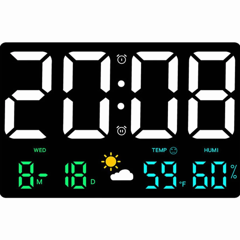 Reloj de pared digital LED grande con estación meteorológica, monitor de temperatura y humedad, visualización de calendario, ajuste automático de brillo, escritorio o soporte de pared para