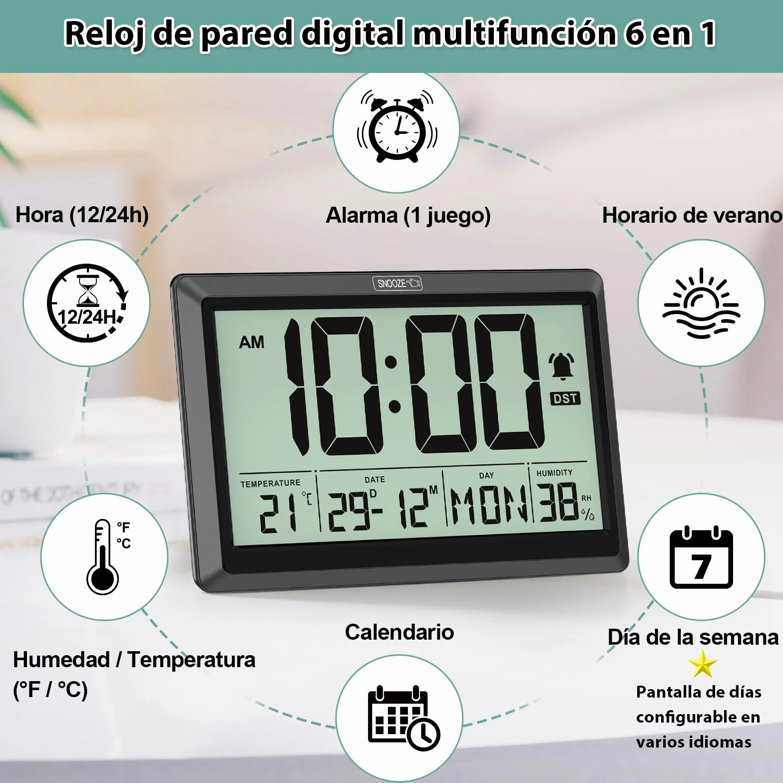 XREXS Reloj Digital de Pared y Mesa de 19,4 x 10,4 cm, Pantalla LCD HD, Reloj Despertador, repetición, DST, Temperatura/Humedad, ℃/℉ y conmutable 12/24 Horas, Funciona con Pilas para hogar y Oficina