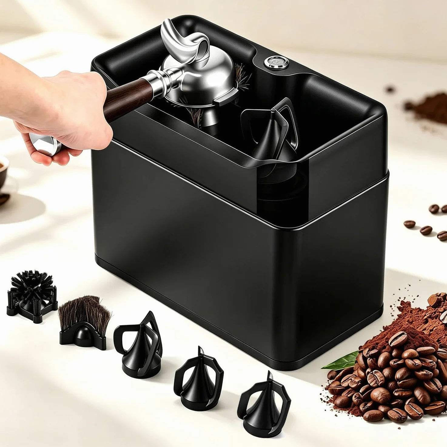 Máquina automática para limpiar restos de café y portafiltros; limpiador eléctrico con 3 raspadores y 2 cabezales de cepillo; capacidad de 3 L, compatible con portafiltros de 51 mm y 58 mm. Black