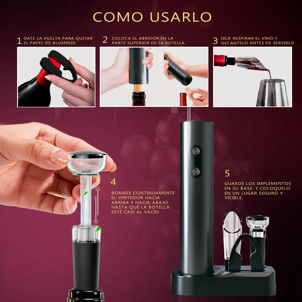 Sacacorchos eléctrico profesional con cortacápsulas, aireador y vertedor, Abridor de vino con base elegante, Regalos originales para hombre cumpleaños, Navidad o San Valentín, funciona con 4 pilas AA