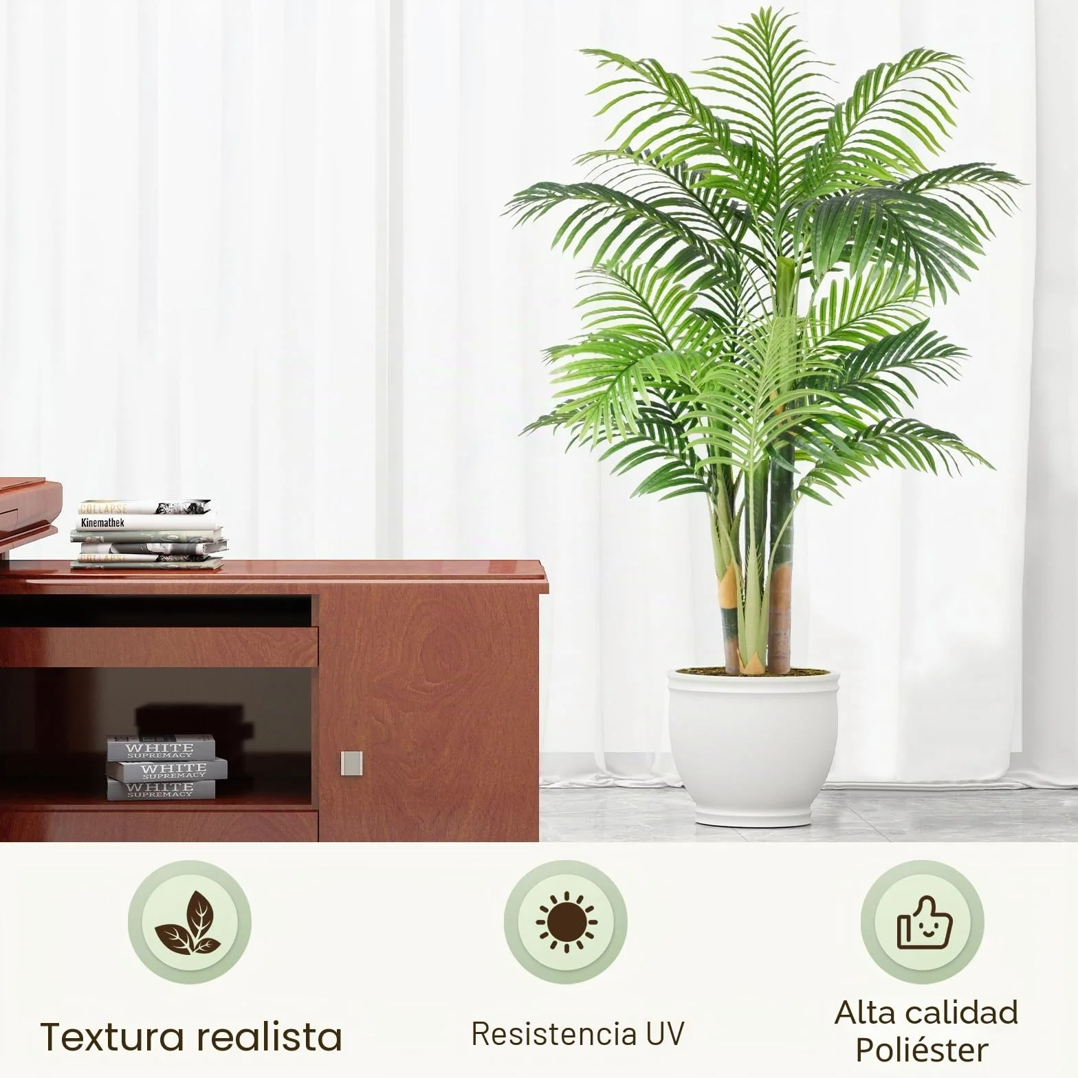Palmera Artificial Triple Dorado 150cm, Planta Artificial Exterior Grande, arbol Artificial Interior o Exterior Alta para Patio Junto a la Piscina Césped Oficina Salón Balcón Jardín (1Pack)