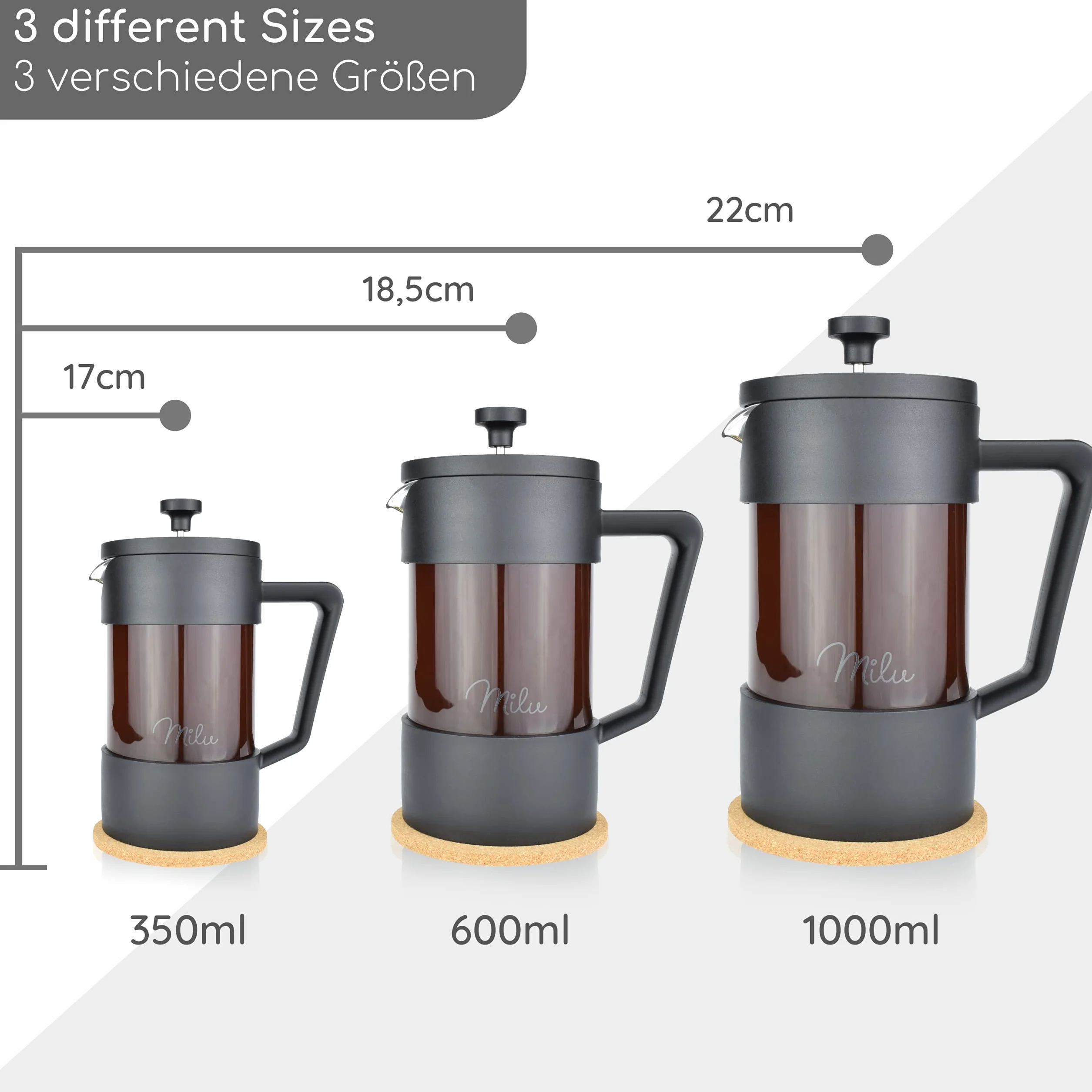 Milu Cafetera Francesa de Vidrio 600ml French Press Tetera Café Negro