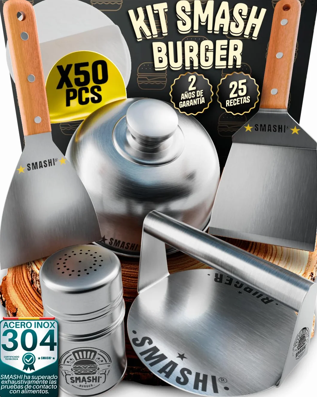SMASHI® Smash Burger Kit Profesional Acero Inoxidable 304 Certificado EU Contacto Alimentos | Prensa Hamburguesas + 2 Espátulas con Mango de Madera + Accesorios | Incluye 25 Recetas (AVANZADO)