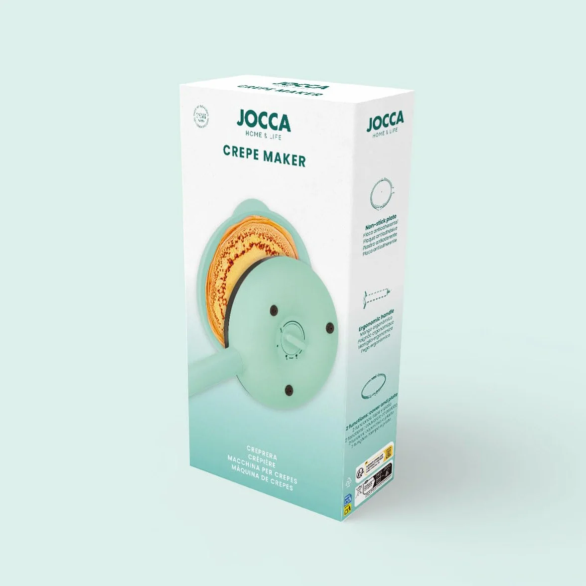 Jocca - Crepera eléctrica 21 cm | 3 niveles de temperatura | Placa antiadherente | Diseño compacto color turquesa | Mango frío | Sistema 2 en 1 tapa/plato | 600 W | Línea Sweet