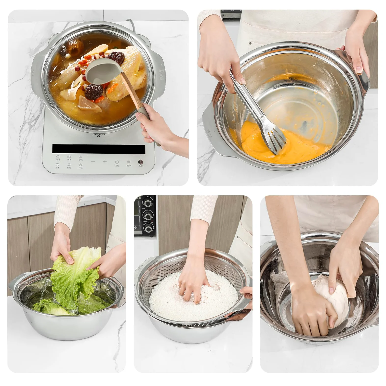 Colador microporoso de acero inoxidable 304 con asa, lavadoras de arroz, juego de colador microporoso para lavar verduras, frutas y arroz, y escurrir pasta cocida (4 cuartos de galón con asa, dorado)