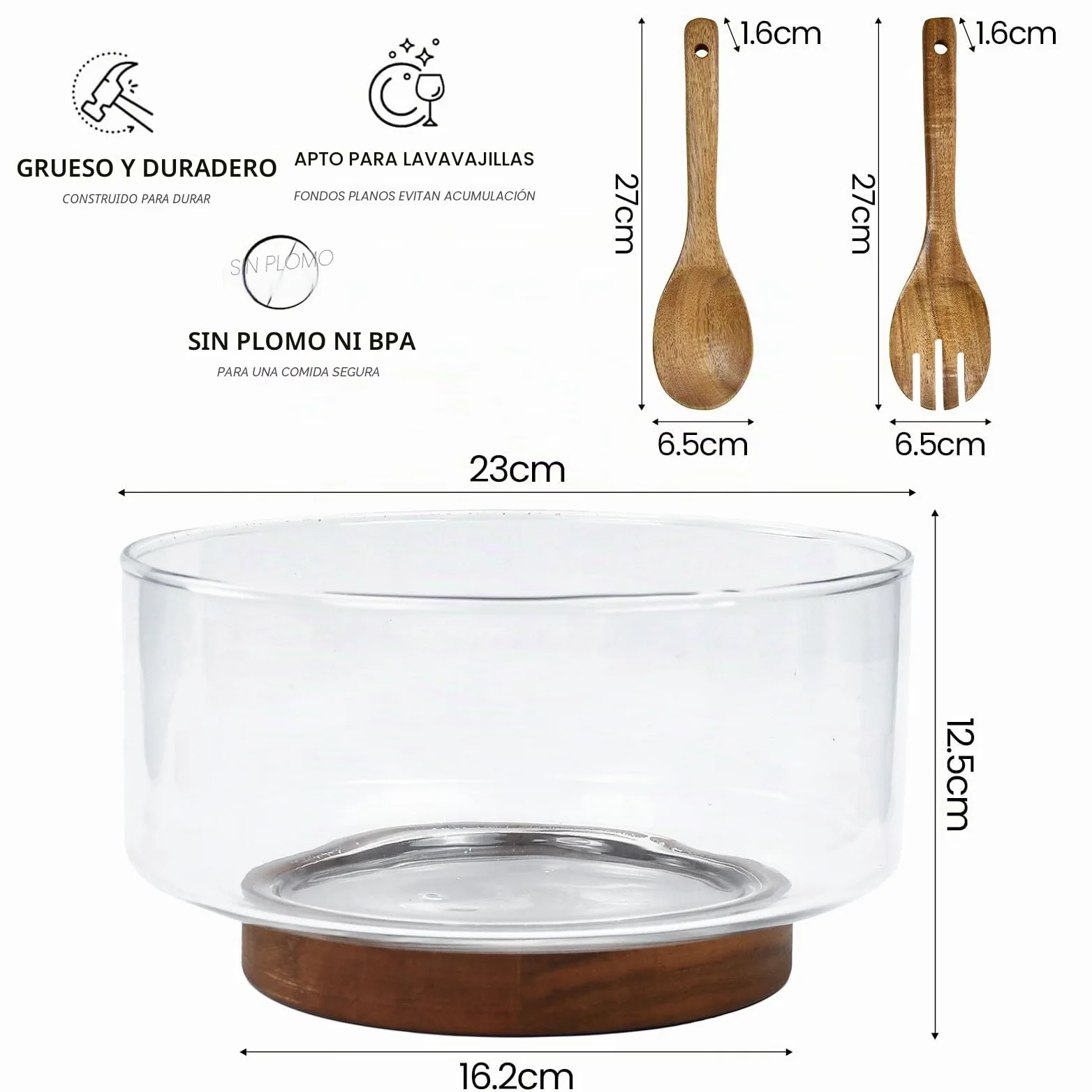 Bol Cocina Cristal 23cm 3700ml Bol Ensalada Grande Bol de Mezcla Ensaladera Cristal con base de Madera Apto para Lavavajillas Microondas para Preparar, Servir y Mezclar + 1x Cuchala 1x Tenedor | Cuenco grande de cristal, ensaladera de cristal extragrande