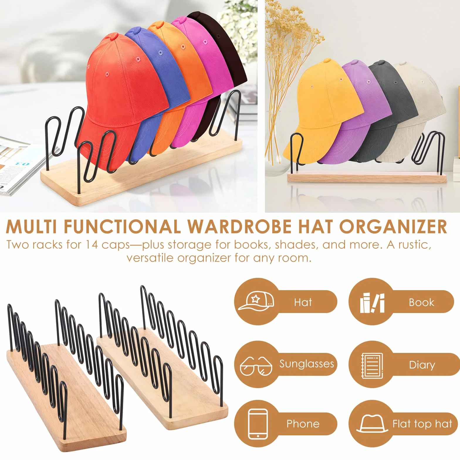Organizador de sombreros 2 piezas para 14 gorras de béisbol, bandeja de madera maciza y metal, sin instalación