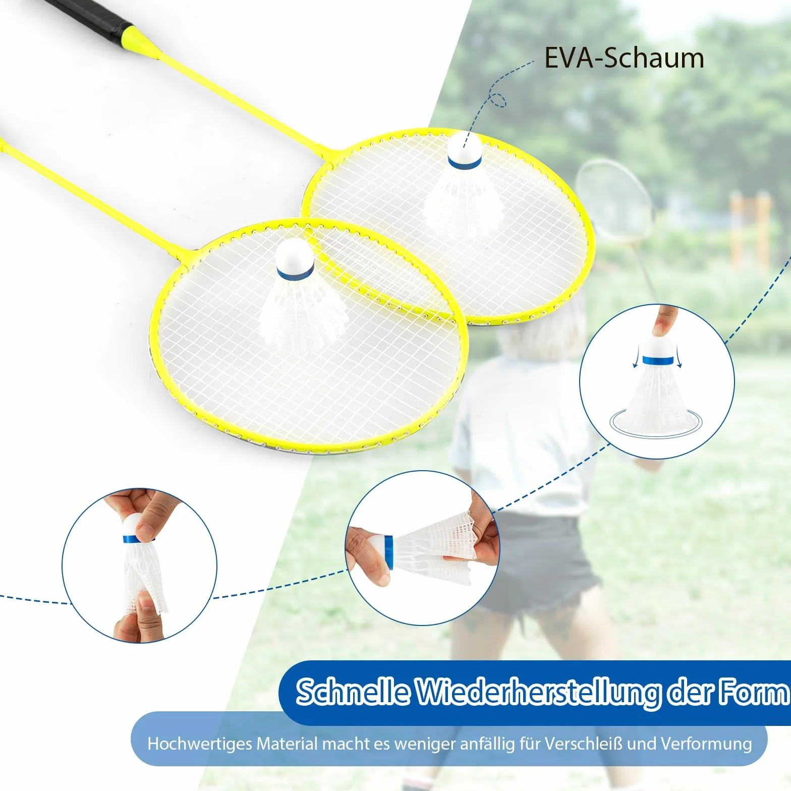 GYMAX Juego de Bádminton Portátil con 2 Raquetas, Red Premium, 2 Volantes y Estuche de Almacenamiento, para Interiores y Exteriores (Amarillo)