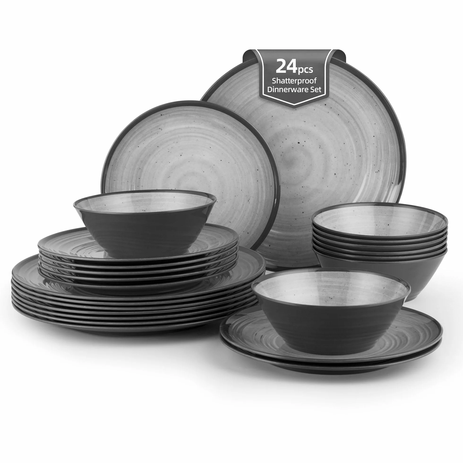 Juego de vajilla de plástico de melamina gris remolino de 24 piezas para 8, platos de melamina, juego de 24 piezas, platos y cuencos para camping (gris frío)