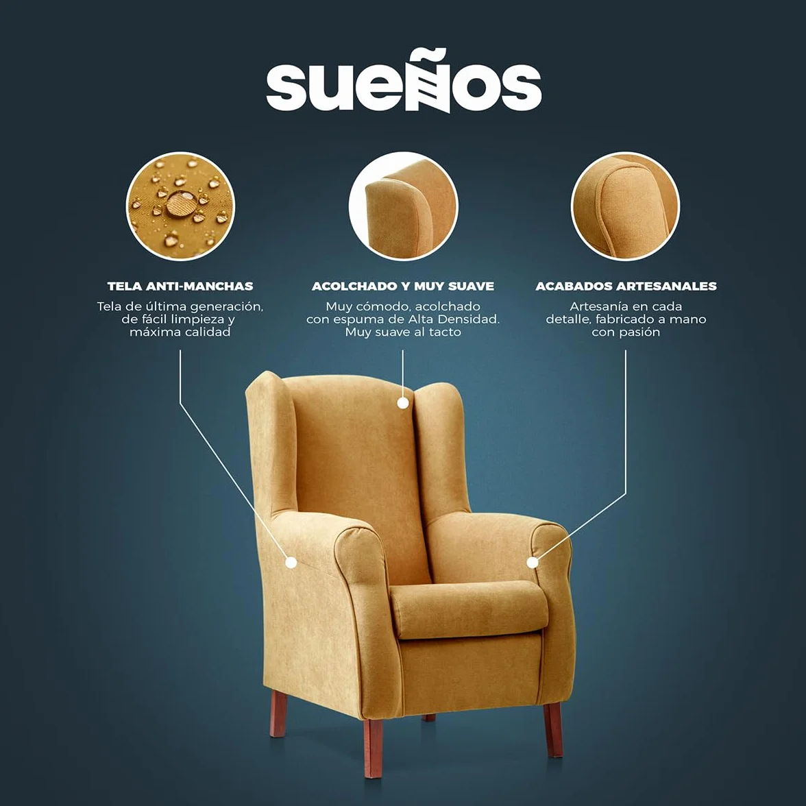 Sillon orejero Carla tapizado en Tela Antimanchas Color Mostaza (104 x 77 x 75 cm). Butaca de Salon o Dormitorio, para Leer, Ver la TV o para Lactancia