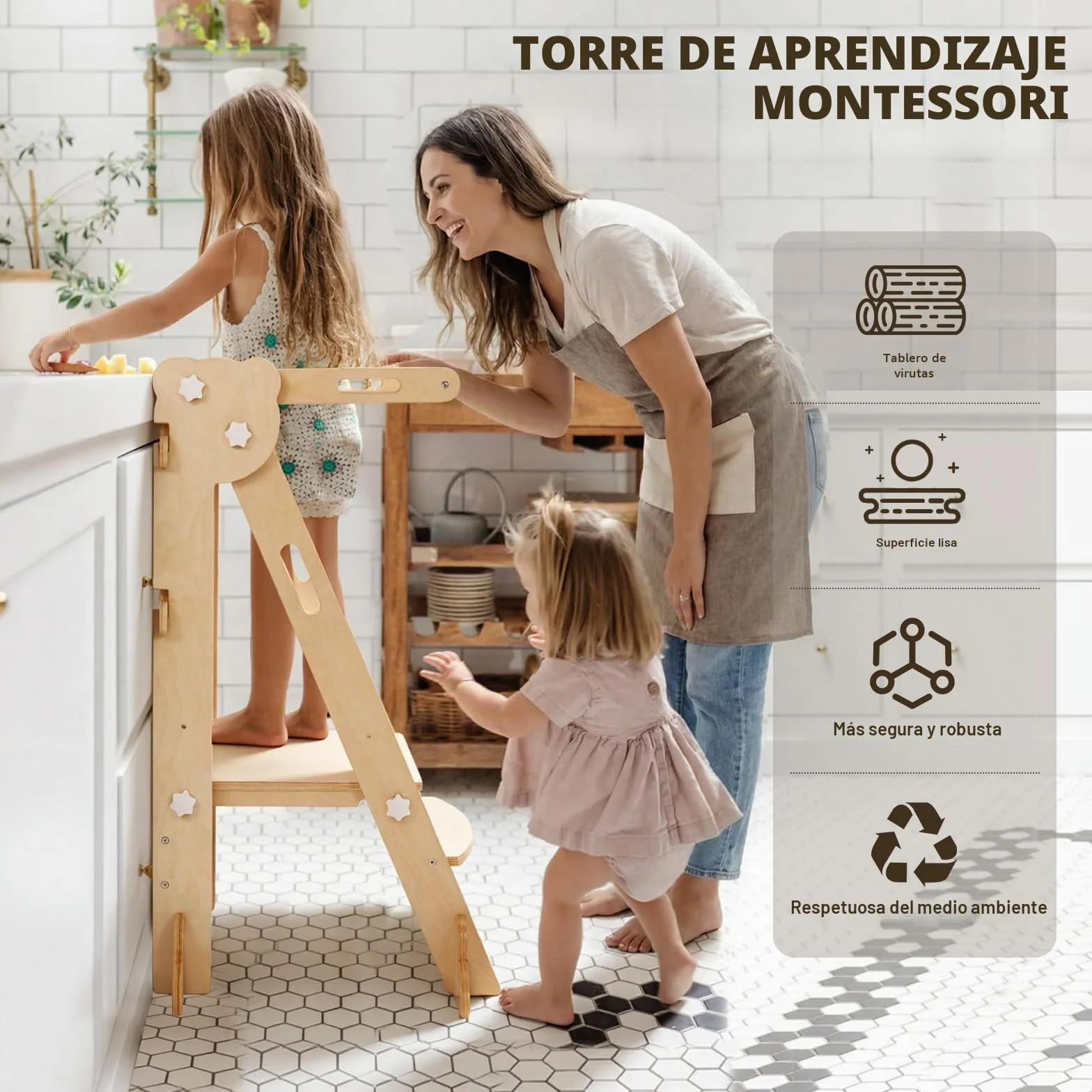 Labebe Torre de Aprendizaje Plegable Niños, Montessori Learning Tower 3 en 1 Multifuncional Ajustable en Altura y Ancho
