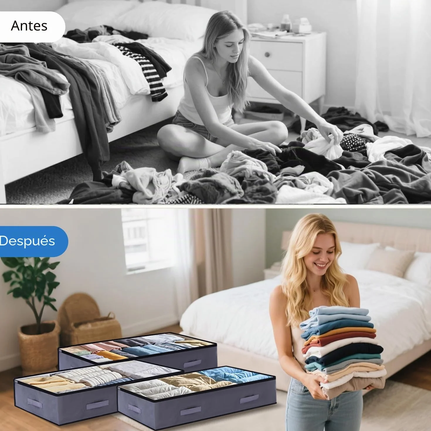 2PCS 90L Bolsas Almacenaje Ropa Debajo de la Cama, Bolsa Almacenamiento Plegable con Ventana Transparente, Organizador Armario para Abrigos Mantas Edredones, 100x50x18 cm | Organizadores de armario con ventana transparente, para edredón, manta, ropa, colo