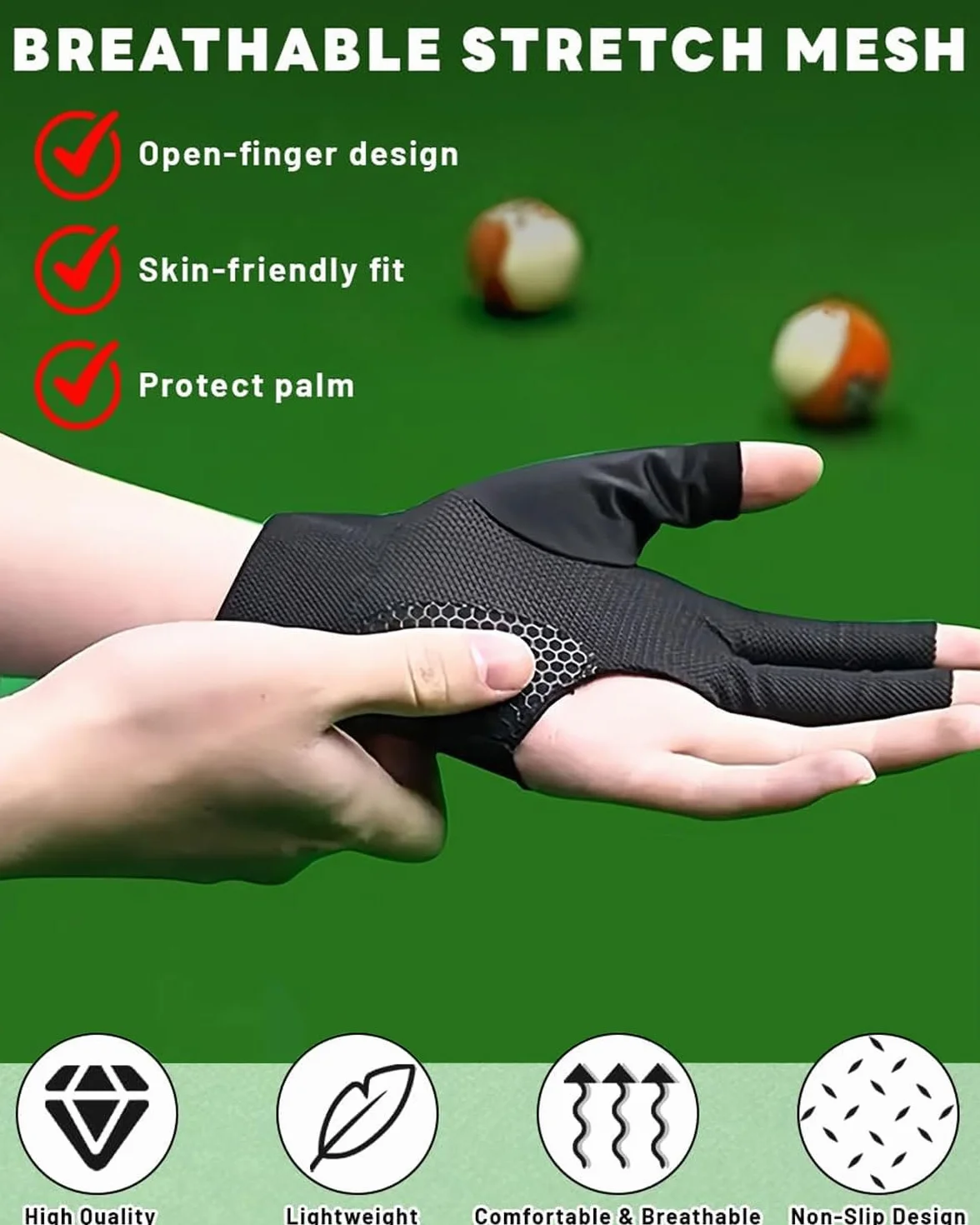 Guantes de Billar Transpirables y Antideslizantes - Abiertos de Tres Dedos, Ajustables, Para Snooker y Taco de Billar, Mano izquierda, Color Negro,1pcs