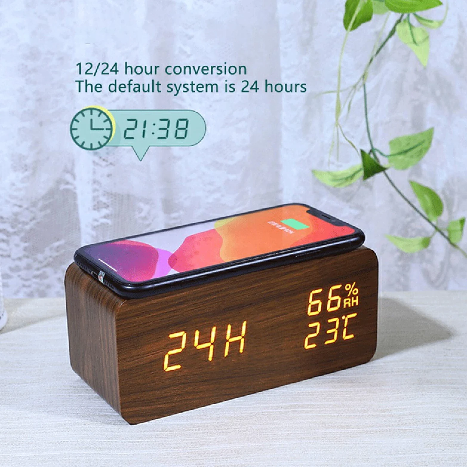 Reloj Electrónico LED Cargador Inalámbrico Reloj Despertador Inteligente Pantalla De Temperatura Y Humedad Reloj Despertador Digital Reloj con Control De Voz,Blanco