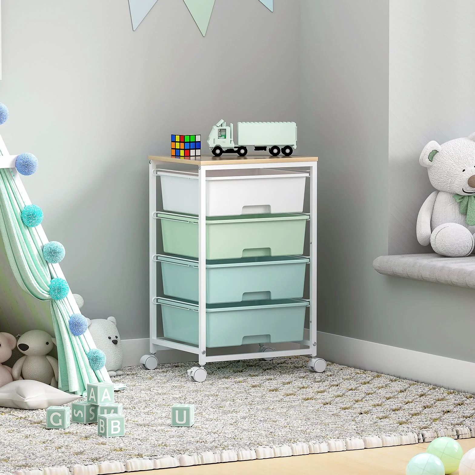 SYKIARIOL Carro con ruedas de 4 cajones, carrito de almacenamiento multiusos con ruedas con tablero de madera, carrito con ruedas para cocina, salón, dormitorio, fácil movimiento, gran capacidad,verde