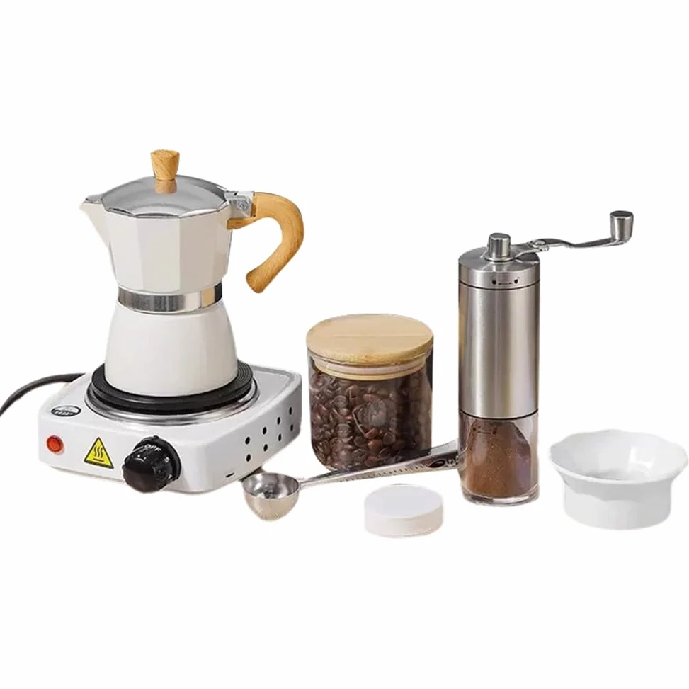 Cafetera Moka de Aluminio con Molinillo Manual y Dispensador de Moka. Cafetera Expreso CláSica para Cocina, 150 Ml (UE).