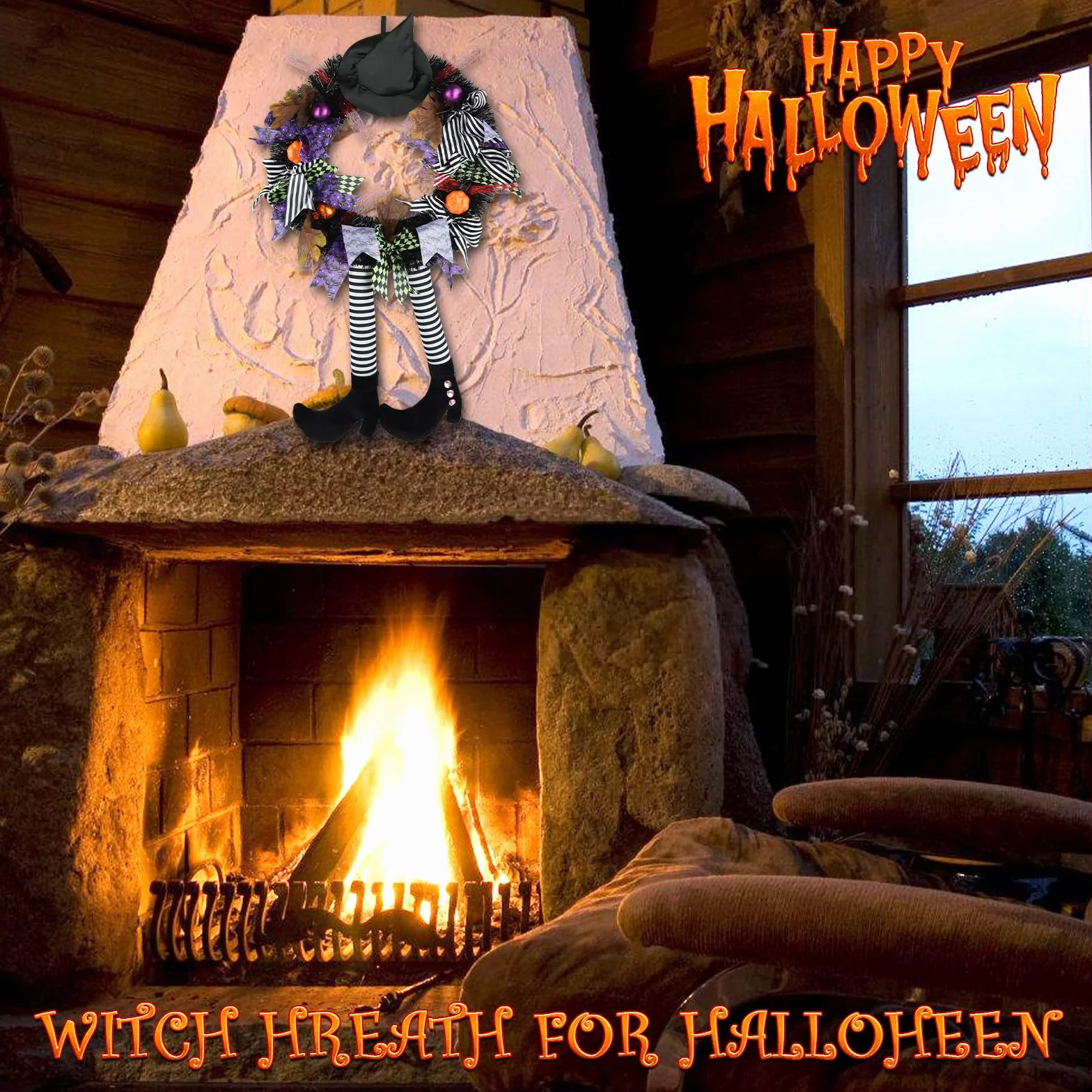 Timiyou Decoración de Corona de Halloween,Hallowee Guirnalda de Bruja, Pierna, Calabaza, Hoja de Arce,Corona De Halloween para Colgar En La Puerta Decoracion para Puerta de Casa, al Aire Libre