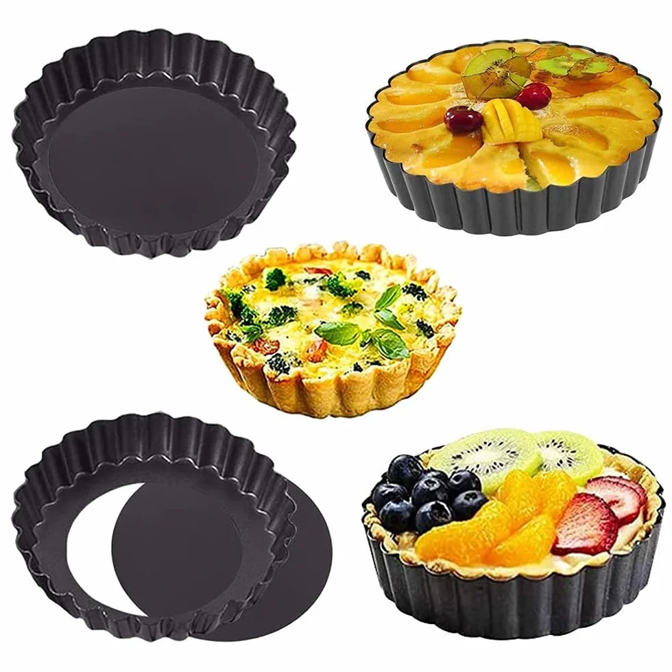 molde para tartas (4 piezas, extraíble, bandeja de acero al carbón, redondo, para quiches y tartaletas (12 cm)
