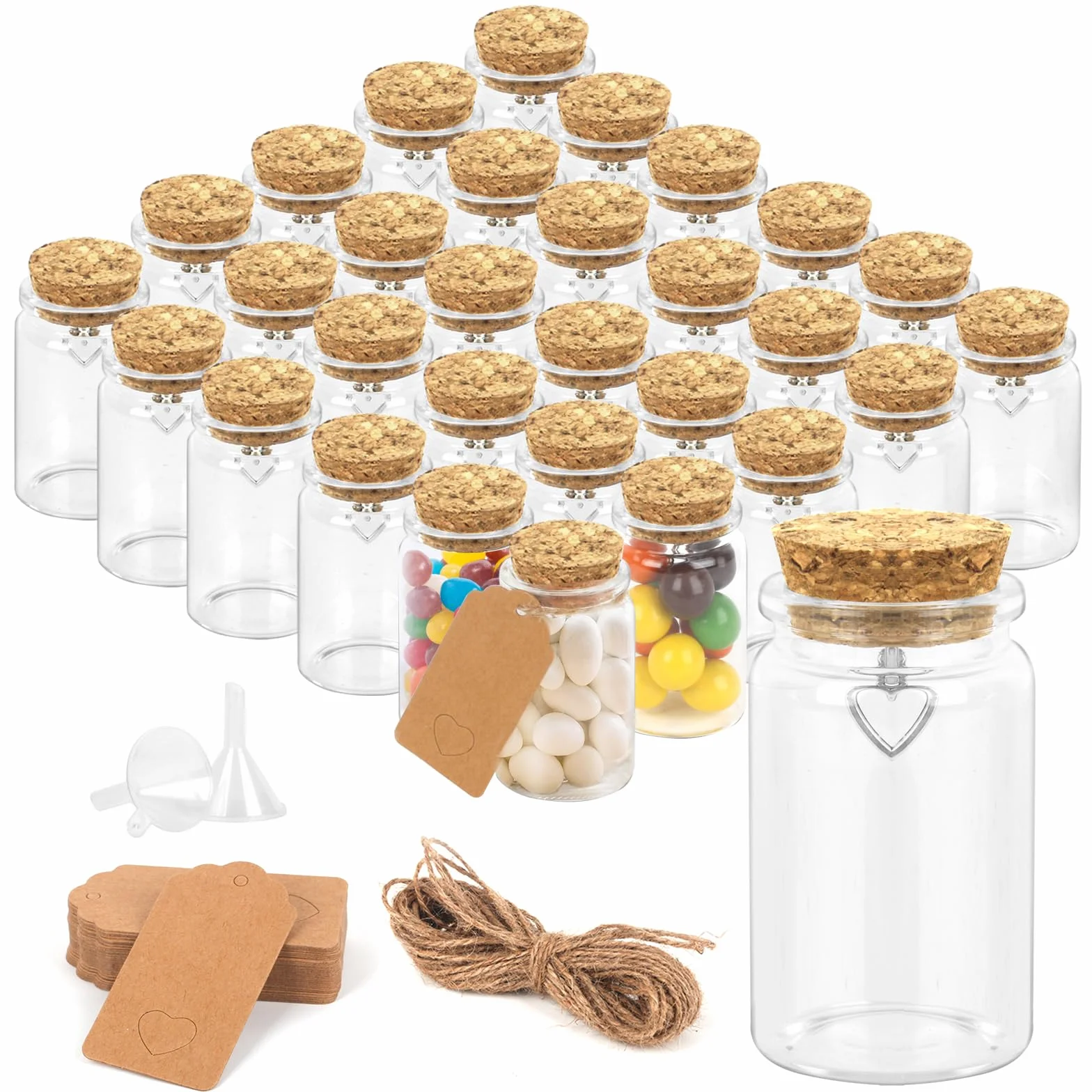 30 Piezas Mini Botellas de Cristal con Tapon Corcho, 36ml Botes Pequeños para Boda de Almendras, Botellitas Frascos de Vidrio con Colgante en Forma de Corazón, Regalitos Invitados Bodas