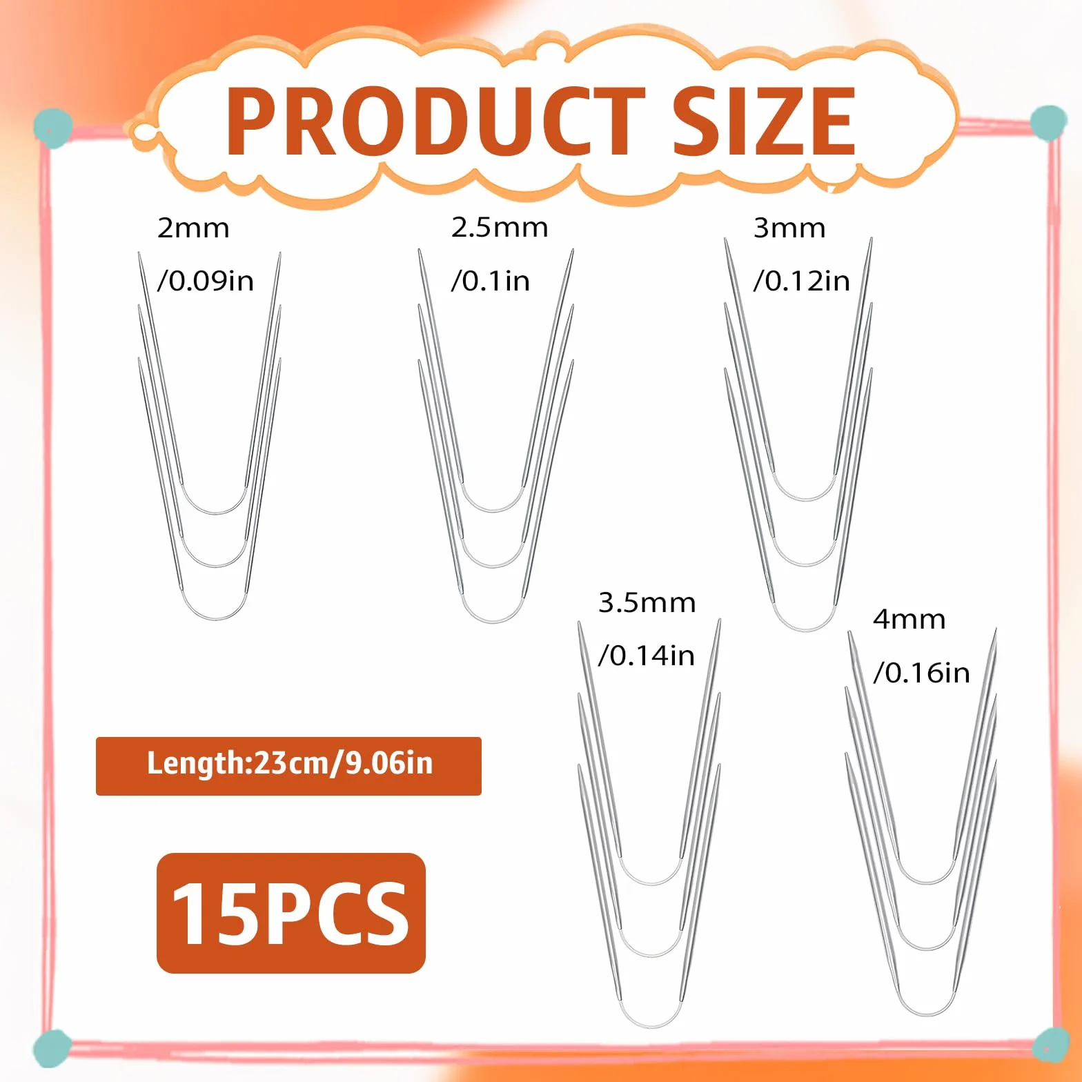 15 Piezas Agujas de Tejer Circulares Acero Inoxidable, 2 mm/2,5 mm/3 mm/3,5 mm/4 mm Juego de Agujas de Tejer Punto para Principiantes Aguja de Hilo para Sombreros Calcetines Bufandas Sombreros Tejido