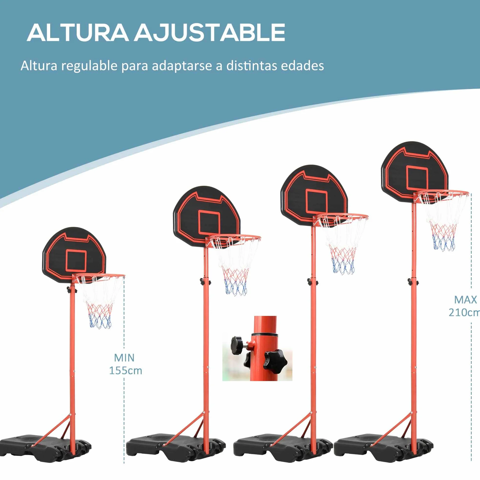 HOMCOM Canasta de Baloncesto con Altura Ajustable 194-249 cm, Aro Portátil con Ruedas, Base Rellenable, Negro