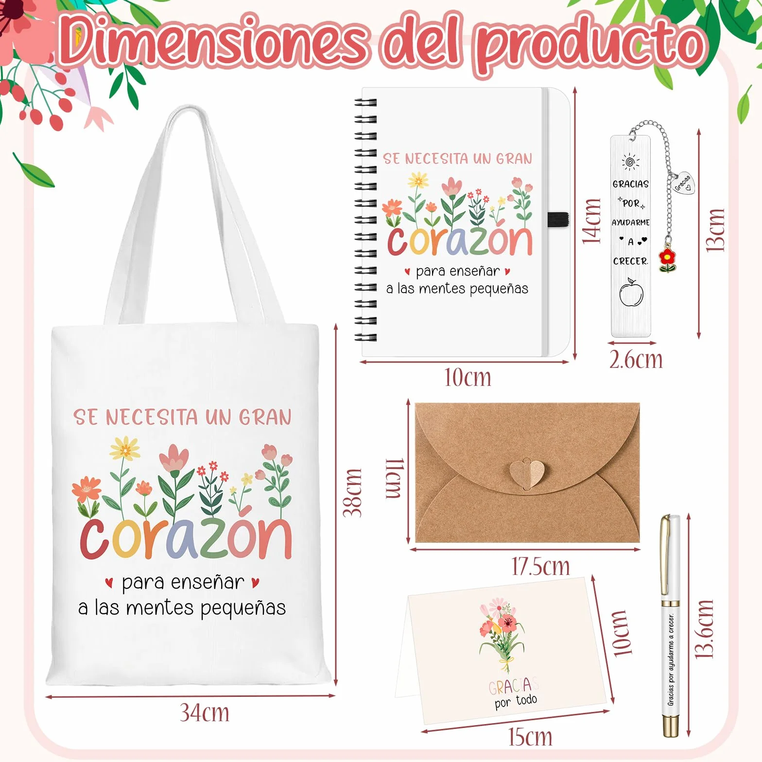 Sinmoe 6 Piezas Kit Regalos Profesora Infantil Regalo Maestra Bolsa Profesora Libreta Maestra Bolígrafo Tarjeta Agradecimiento con Sobre Marcadores de Libros de Metal para Graduación