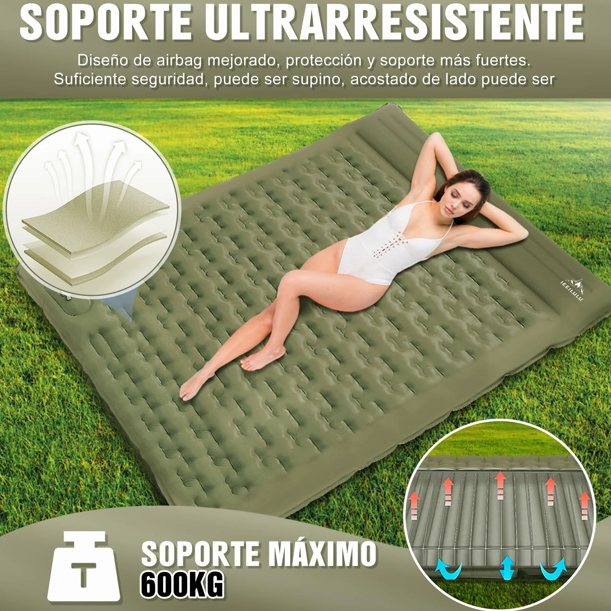 IEEILULU Colchón Camping 2 Personas 196x140cm Esterilla Ultraligero Impermeable Autoinflable