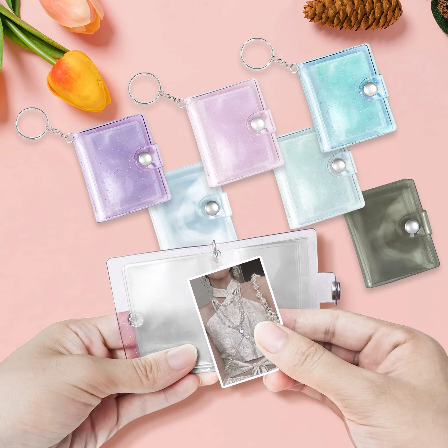 6 Piezas Mini Llaveros Personalizados Álbum de Fotos 2 Inch Photocard Holder PVC llavero Album Fotos Foto con tarjeta llavero Foto de Tarjeta de Identificación para Amigos Familias