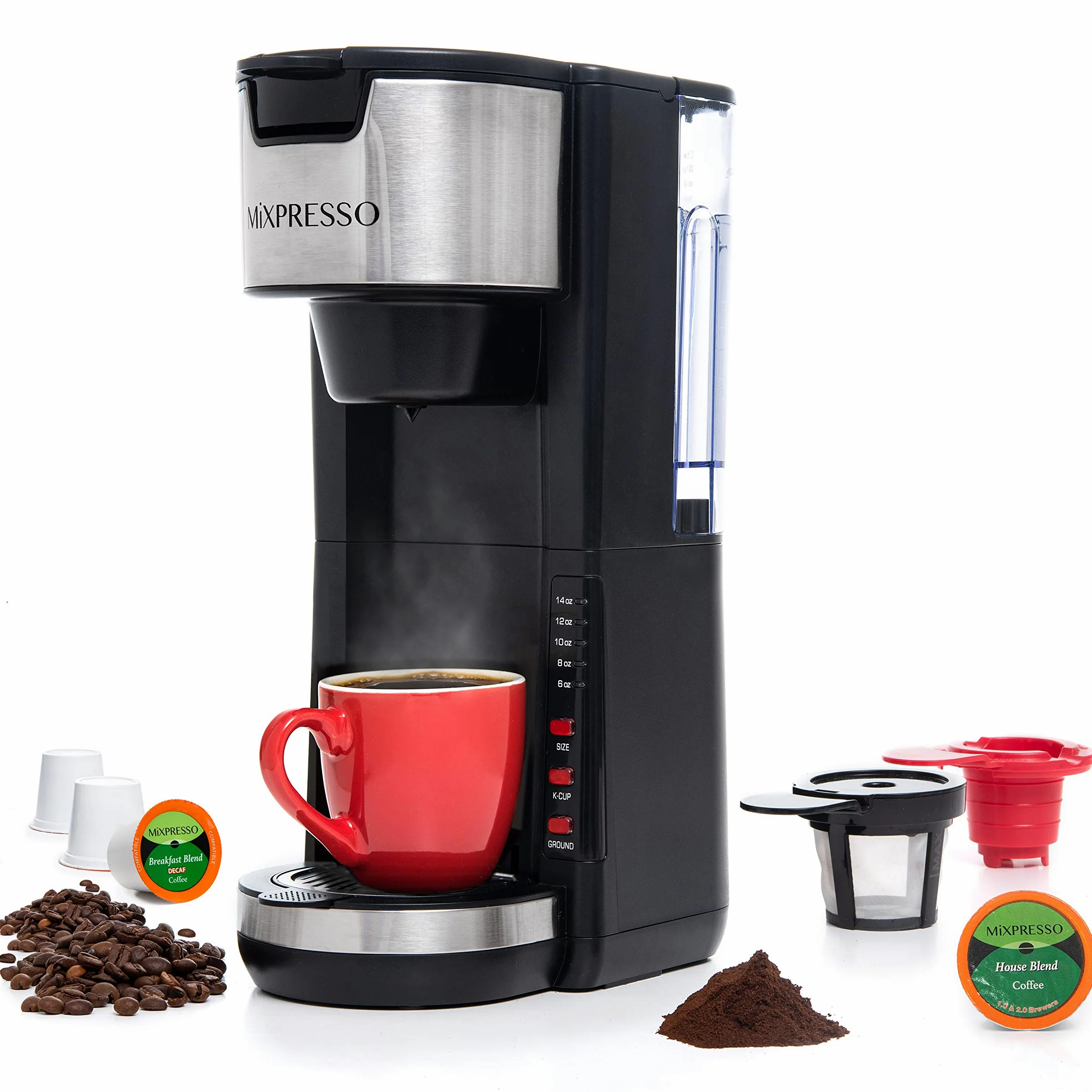 Mixpresso Cápsulas K-Cup para cafetera individual 2 en 1 compatibles con café molido, cafetera compacta con depósito desmontable de 30 onzas, 5 tamaños de infusión y bandeja de goteo ajustable (negro)