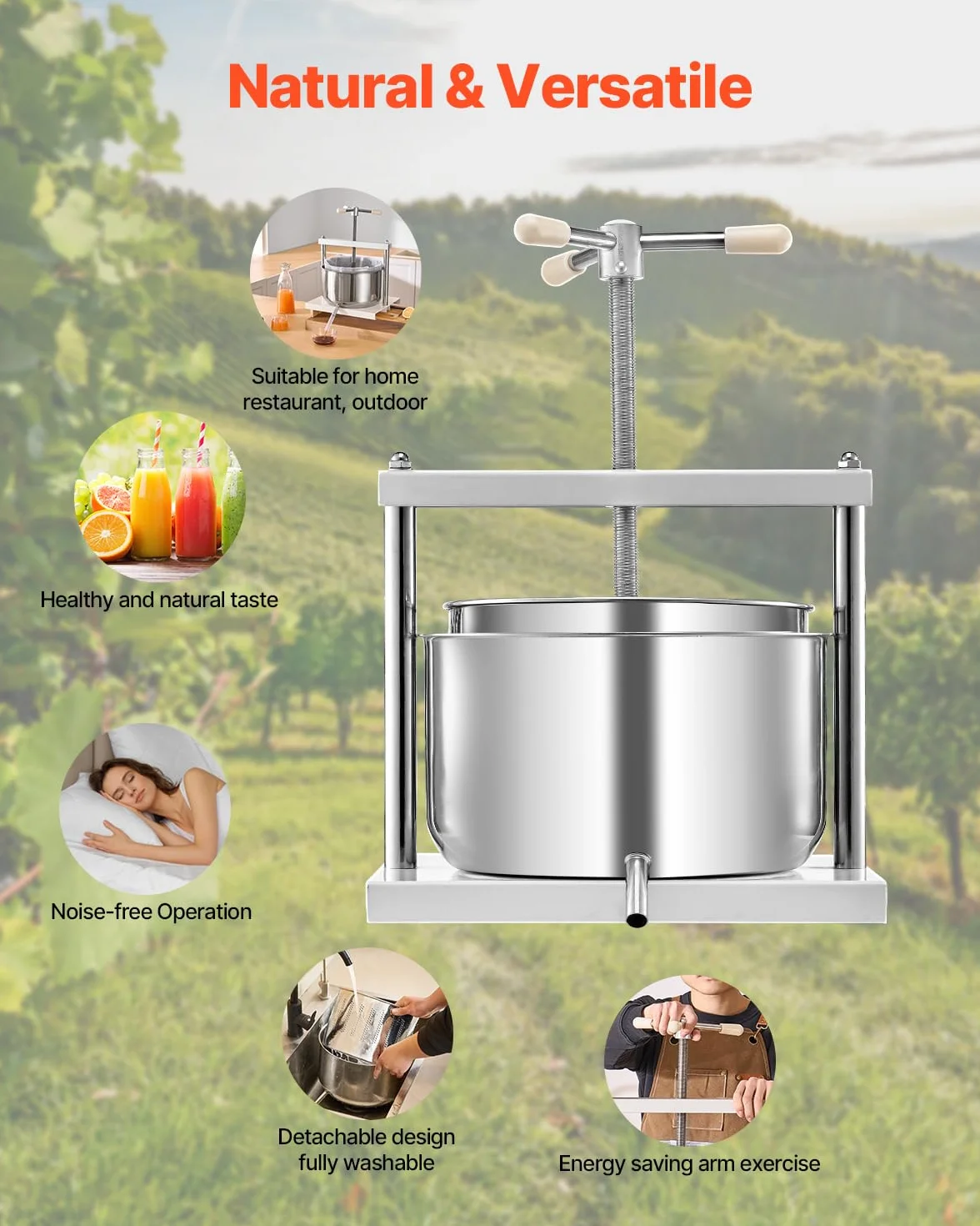 VEVOR Prensa de Vino de Frutas 12 L, 2 Barriles de Acero Inoxidable, Exprimidor Manual, para Hacer Sidra, Manzana, Uva, Tintura, Miel, Aceite de Oliva con Mango Triangular, 370 x 355 x 665 mm