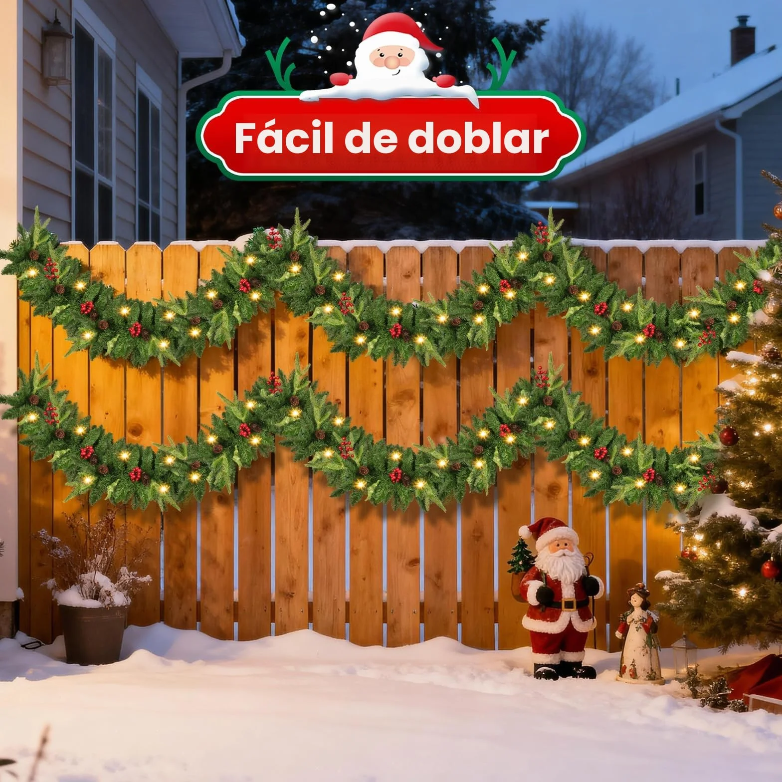 Guirnalda Navidad, 2.7M Guirnalda Navidad con Luces y 260 Puntas de Ramas, Guirnalda Navideña Impermeable con 30 LED y Temporizador para Escaleras, Chimenea, Puerta, Decoración de Interior/Exterior