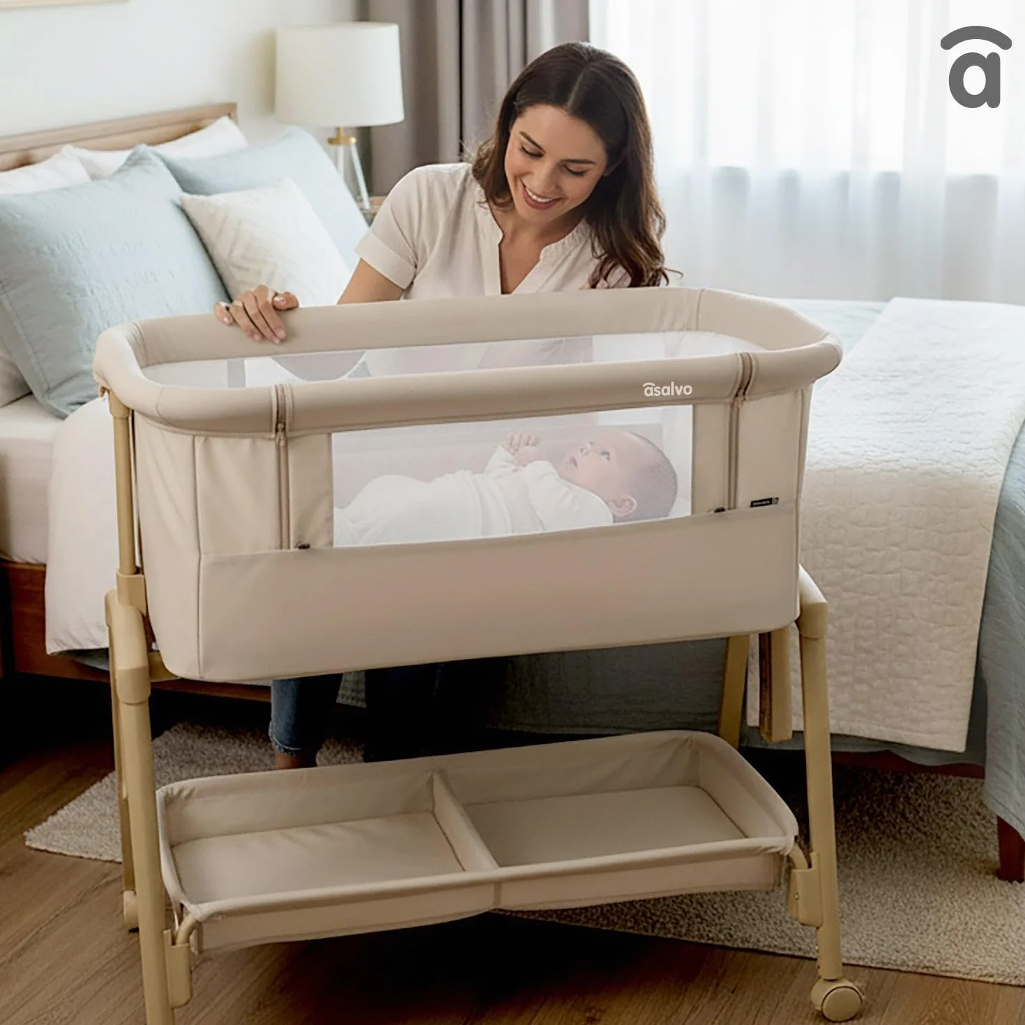 Asalvo Smart Minicuna Colecho Bebé 2 en 1 – Cuna Colecho con 7 Alturas Regulables, Ruedas con Freno, Colchón Incluido