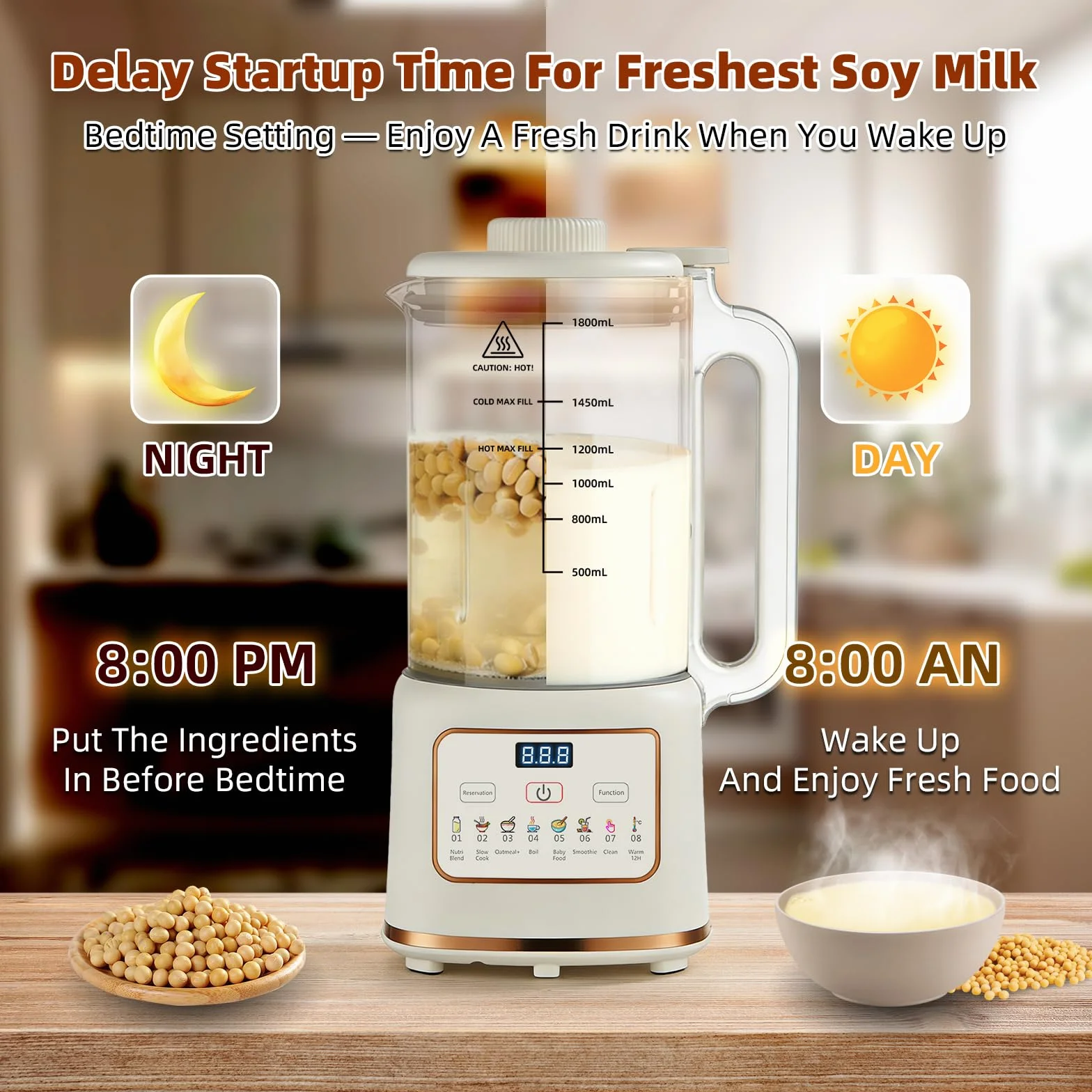 Máquina de Leche Vegetal 1500ml Máquina Multifunción para Leches Vegetales, 8 Programas Automática para Leche de Soja, Avena, Almendras, 800 W, Libre de BPA