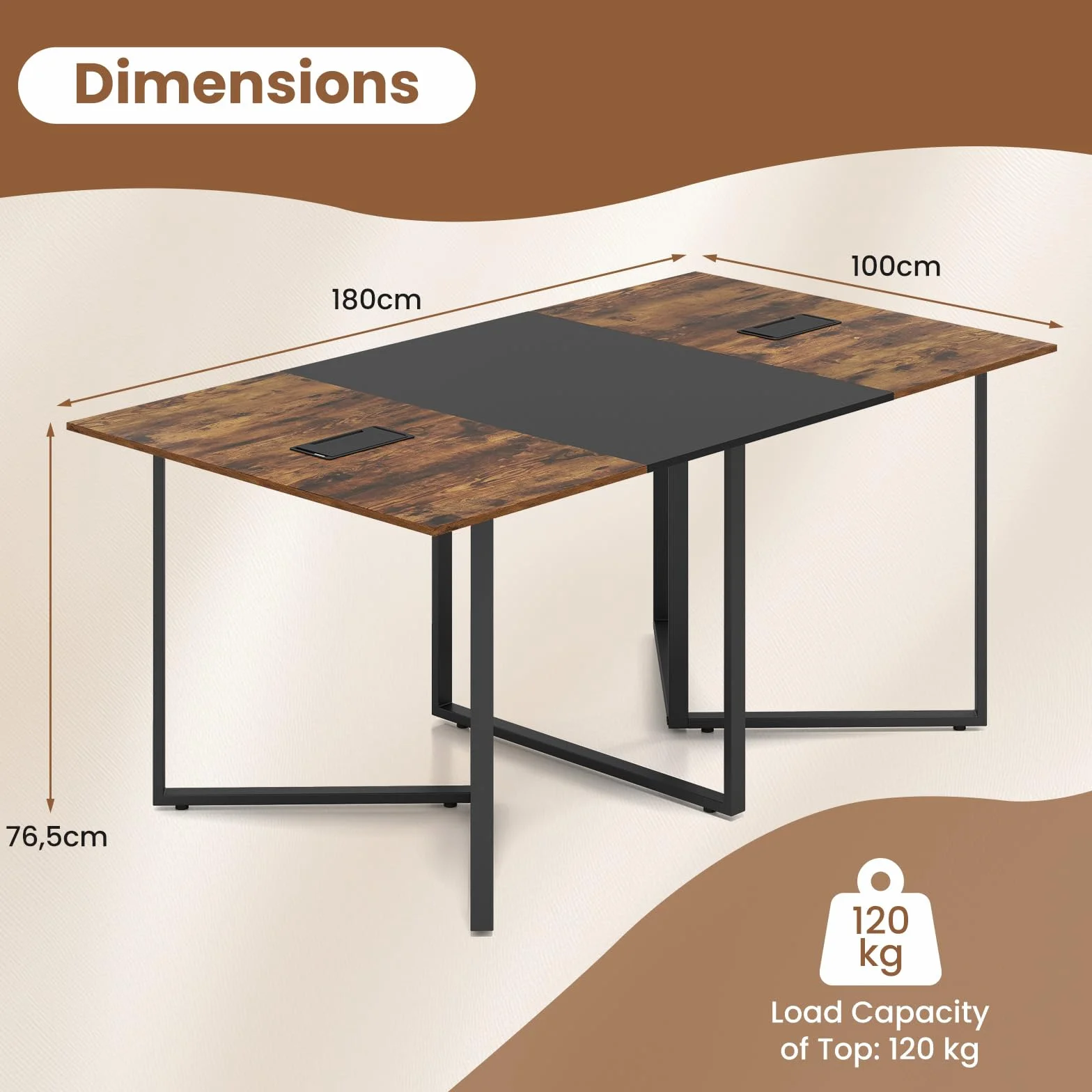 GIANTEX Mesa de Conferencia Rectangular 180x100cm, Escritorio para 6-8 Personas con 2 Pasacables, Estructura Metálica, Estilo Industrial, Mesa de Reunión para Oficina, Casa