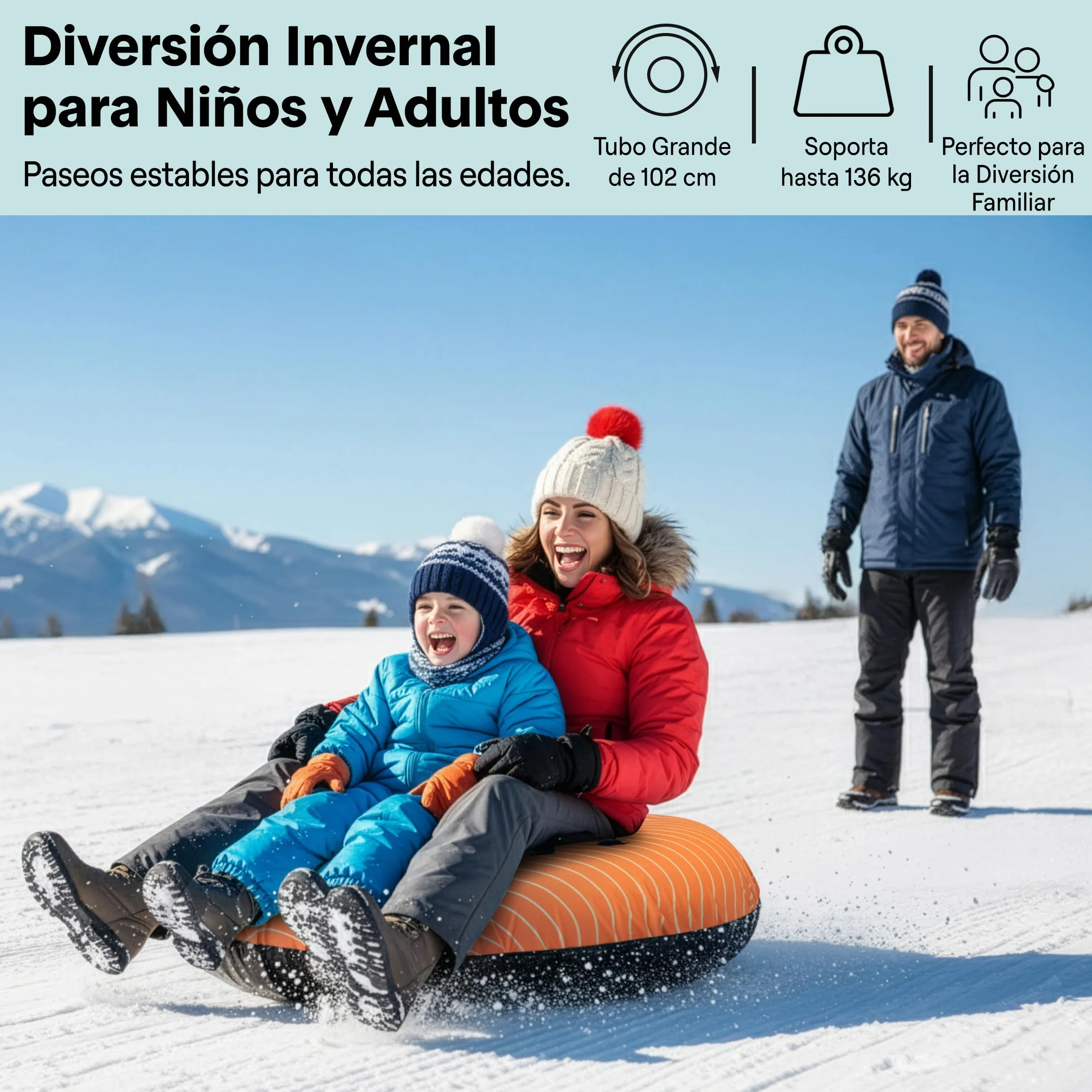 SereneLife Snowtube 101/112/122 cm – Trineo Inflable para Niños y Adultos con Base de Plástico Resistente, Cuerda de Arrastre y Diseño Deslizante para Nieve