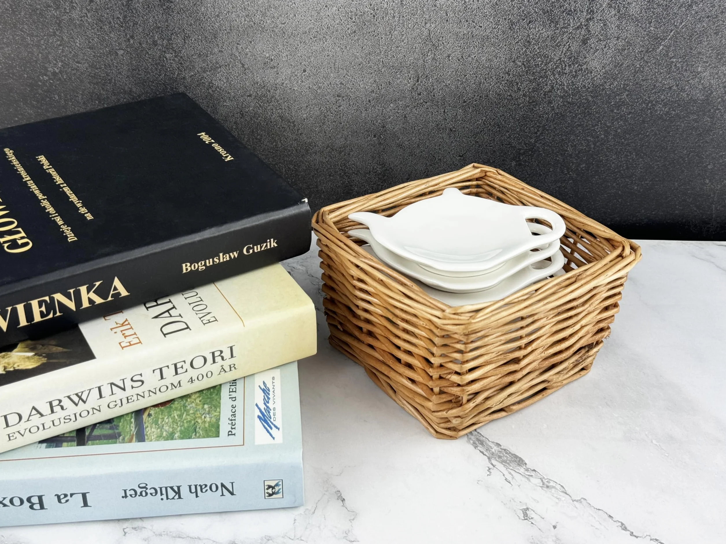 Plato de porcelana blanca para bolsitas de té, cinco posavasos para bolsas de té, soporte para bolsas de té usado, almohadilla clásica para reposar cucharaditas, plato de aperitivos, regalos