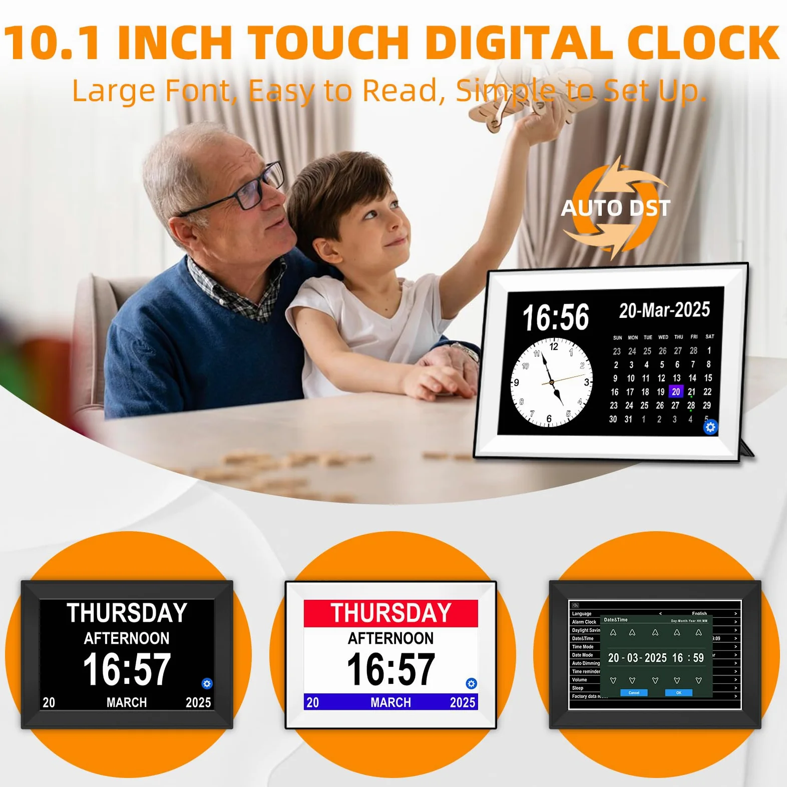 Reloj digital extra grande con pantalla táctil 10.1 con fecha y día para personas mayores, recordatorios de medicamentos, demencia y Alzheimer, relojes para personas mayores, 64 alarmas, 40