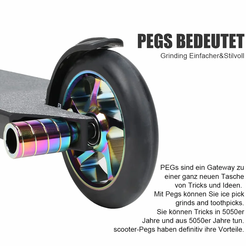Pegs para patinete – 2 unidades Pro Stunt Scooter Pegs Rainbow negro con eje de 12,9 niveles y tuerca de fijación | aluminio PRO Roller Pegs | 5050s Grinds