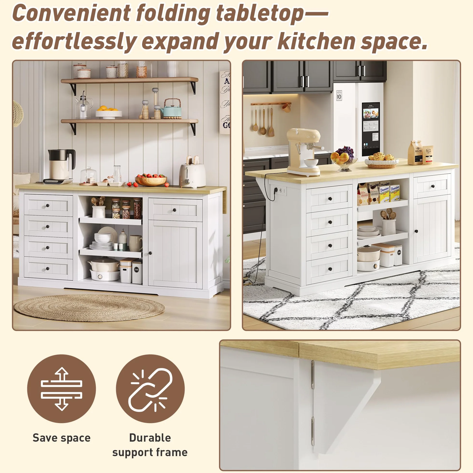 Isla de cocina, 150 × 65 × 75 cm, con cinco cajones, dos estantes extraíbles, un panel de extensión abatible y tomas integradas. Mueble bar, aparador, muebles blancos.