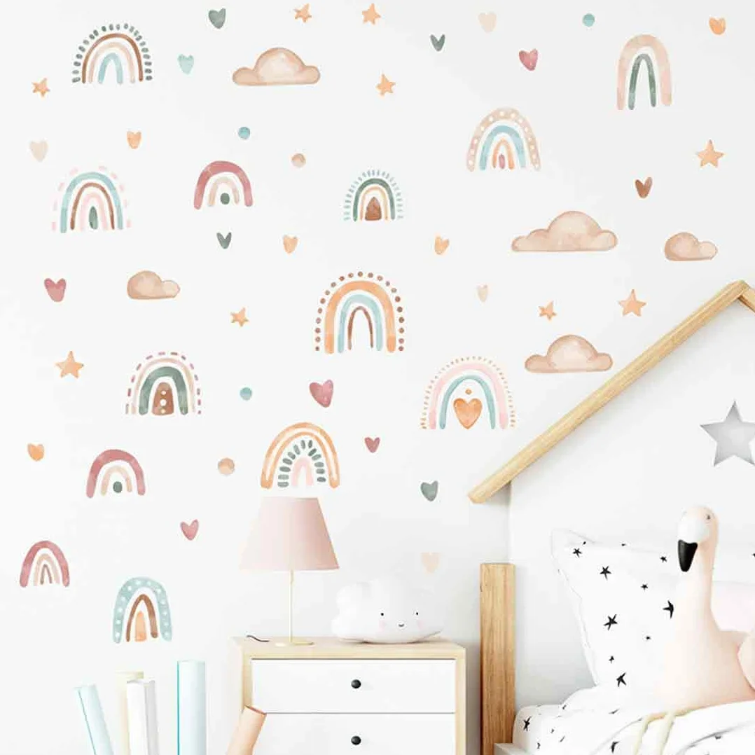 Pegatinas de Pared Arcoíris y Corazones Decoración Bohemia Guardería