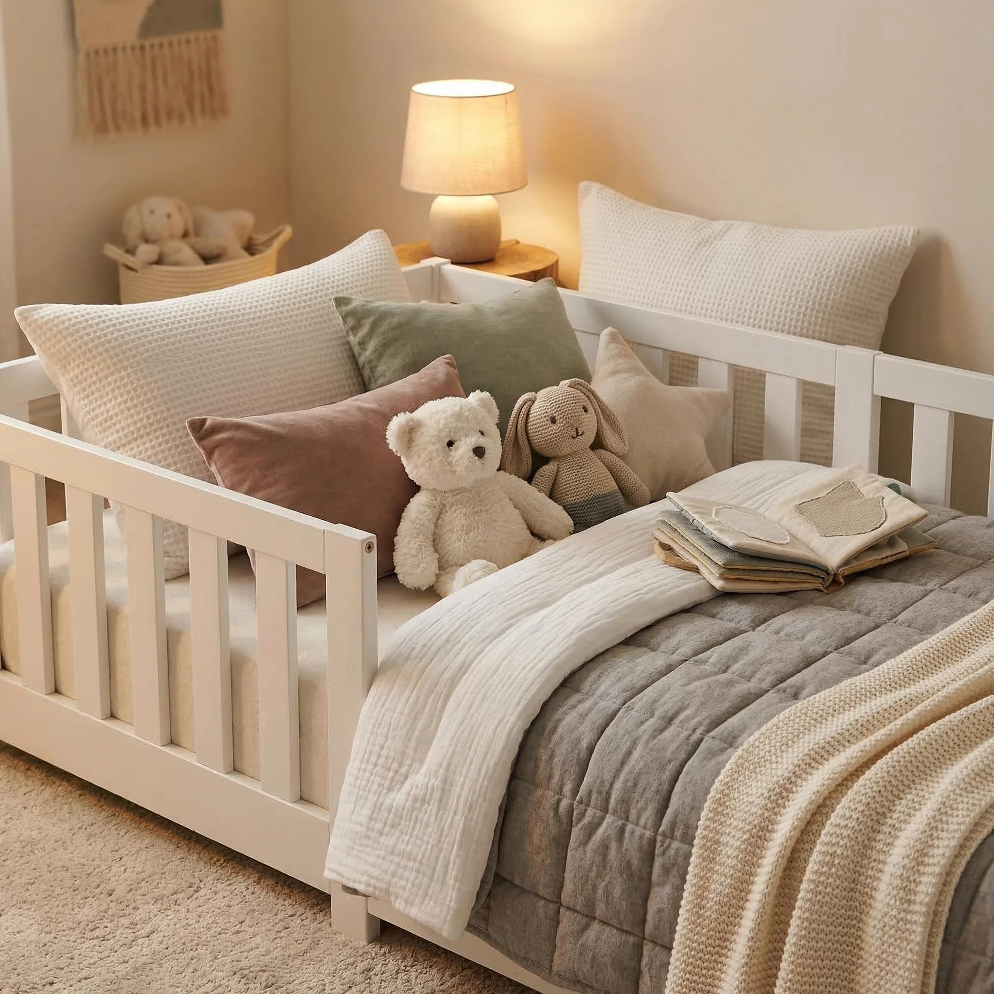 ecomi® Cama para niños 90x200 con protección contra caídas y somier, madera maciza de pino blanco